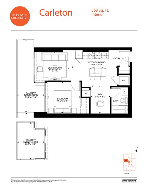 Floor plan for 1 bed, 1 bath, 568 sqft